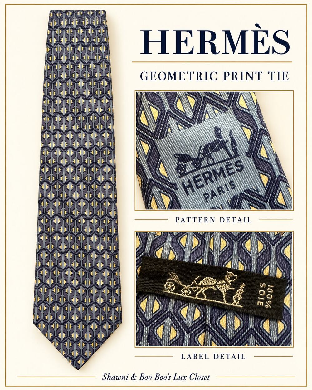 Hermes Tan Geometric Design 100% Silk Tie